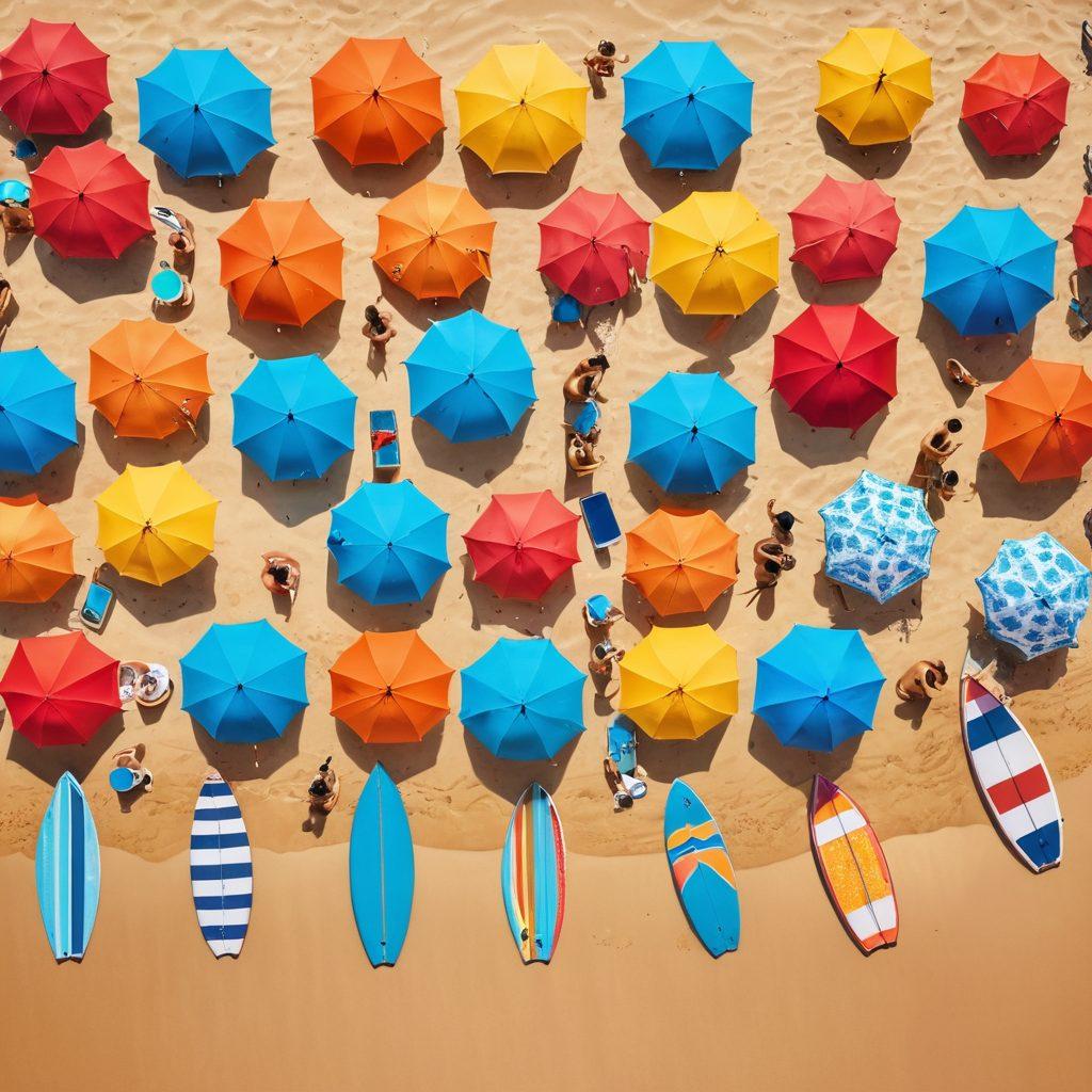 A vibrant beach scene showcasing people joyfully transitioning from colorful swimwear to using sleek smartphones, set against a backdrop of azure waves and golden sand. Include beach umbrellas, surfboards, and digital devices nestled in the sand. The atmosphere should exude freedom, fun, and summer vibes. super-realistic. vibrant colors. cheerful tone.