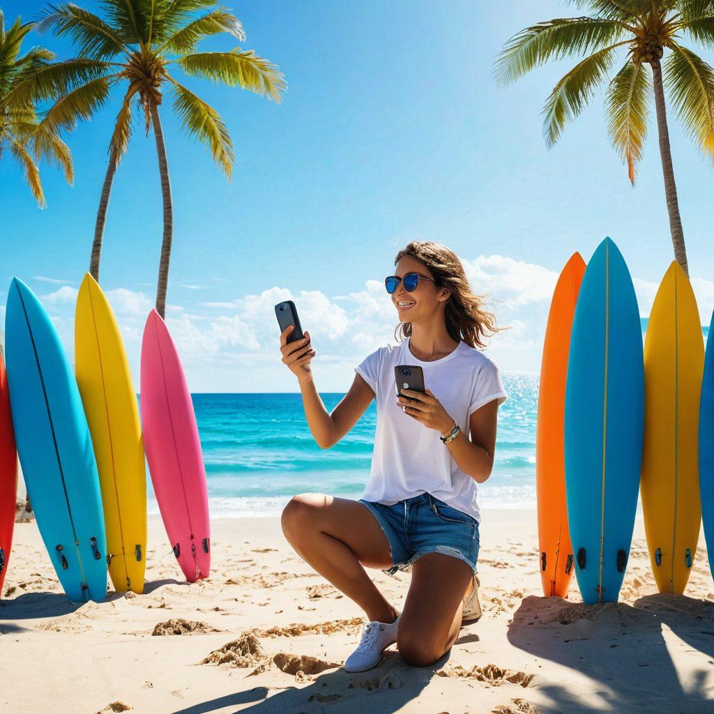 A young person joyfully using a smartphone at a sunlit beach, surrounded by vibrant summer elements like surfboards, palm trees, and clear blue water, symbolizing mobile freedom. Incorporate whimsical icons representing various adventures such as hiking, road trips, and outdoor activities floating around them. The scene conveys a sense of exploration and empowerment. vivid colors. summer vibes. digital art.